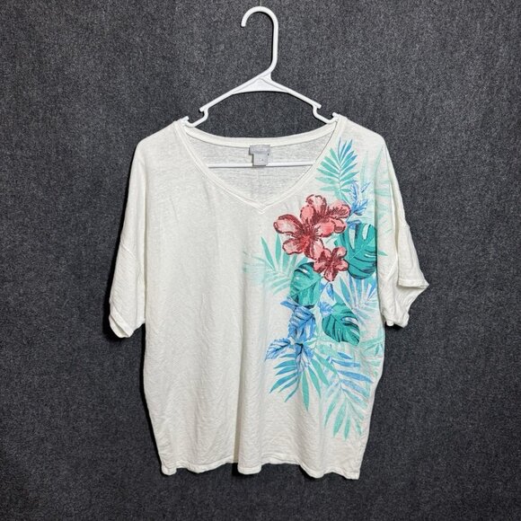Chico's White Linen Blend Floral T Shirt White Sequin Embellished Size XL - Picture 5 of 8